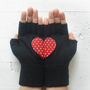 Artist Handmade Black Fingerless GLOVES w/Polka Dot HEART